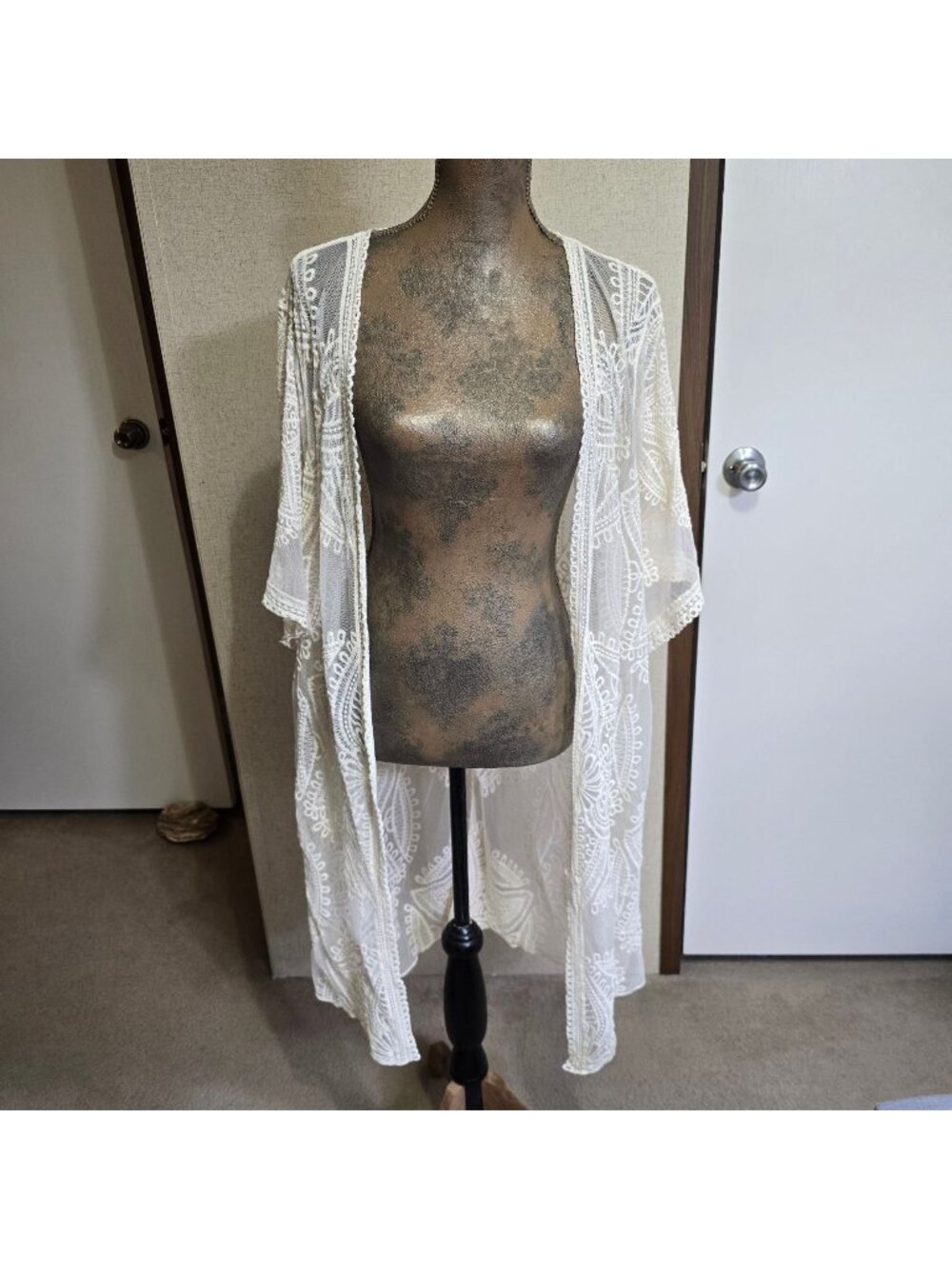 L XL Boho Sheer Lace Kimono Cardigan Cream Bohemian Embroidered Open Front